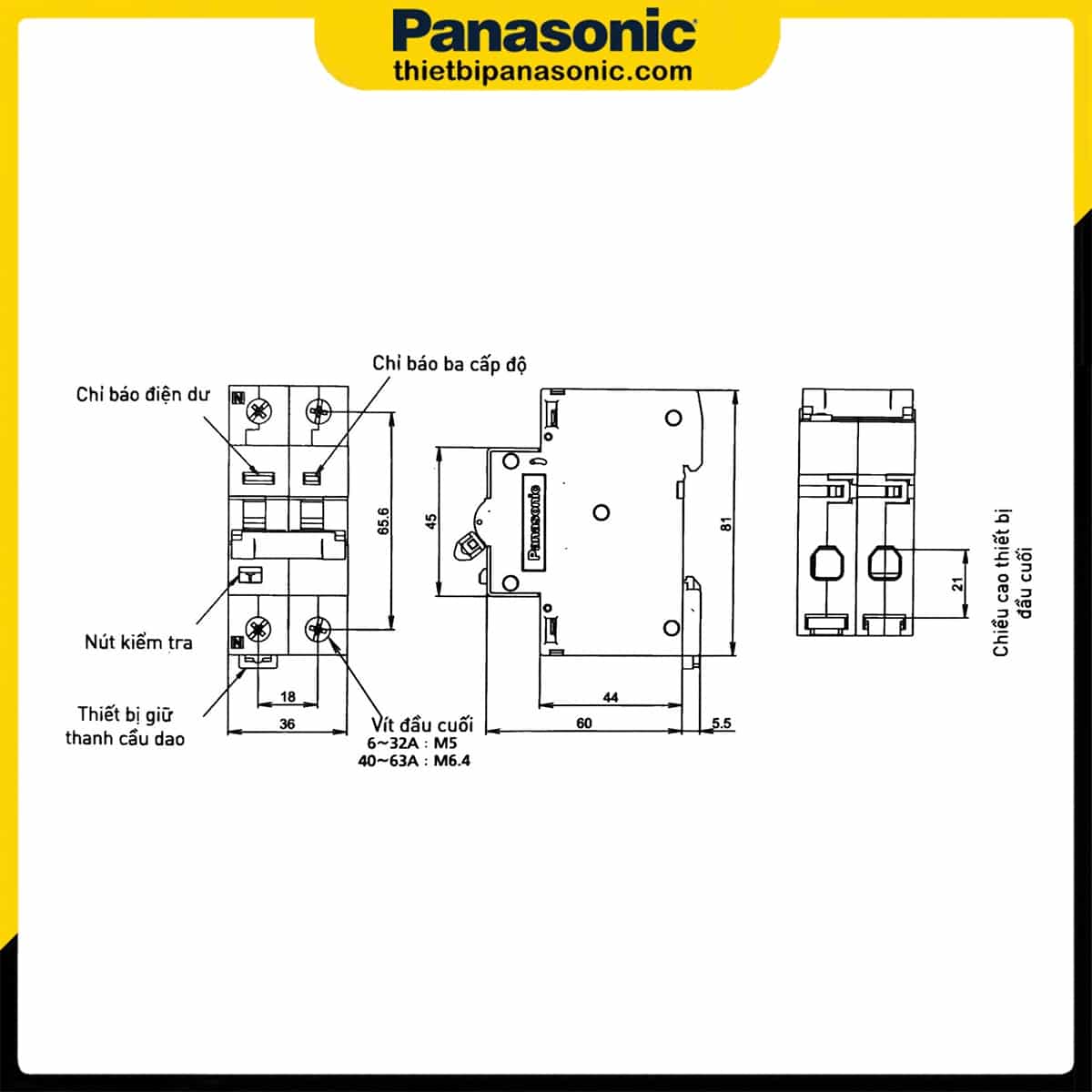 Bản vẽ kích thước và cấu tạo từng bộ phận của RCBO 32A 2P 30mA BBDE23231CNV (Tiếng Việt)
