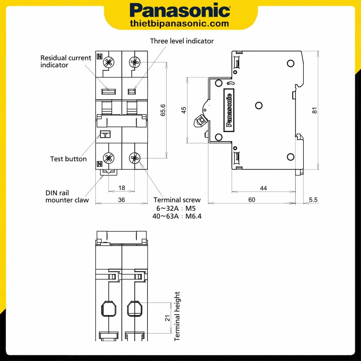 Bản vẽ kích thước và cấu tạo từng bộ phận của RCBO 40A 2P BBDE24031CNV (Tiếng Anh)