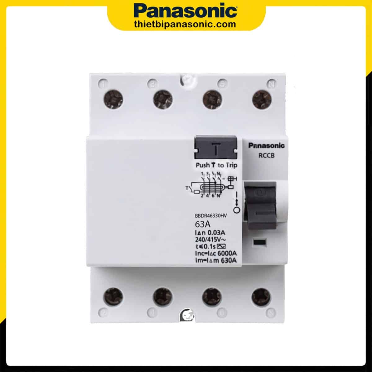Mặt trước của RCCB Panasonic 63A 4P BBDR46330HV thể các thông tin chi tiết, dễ nhìn