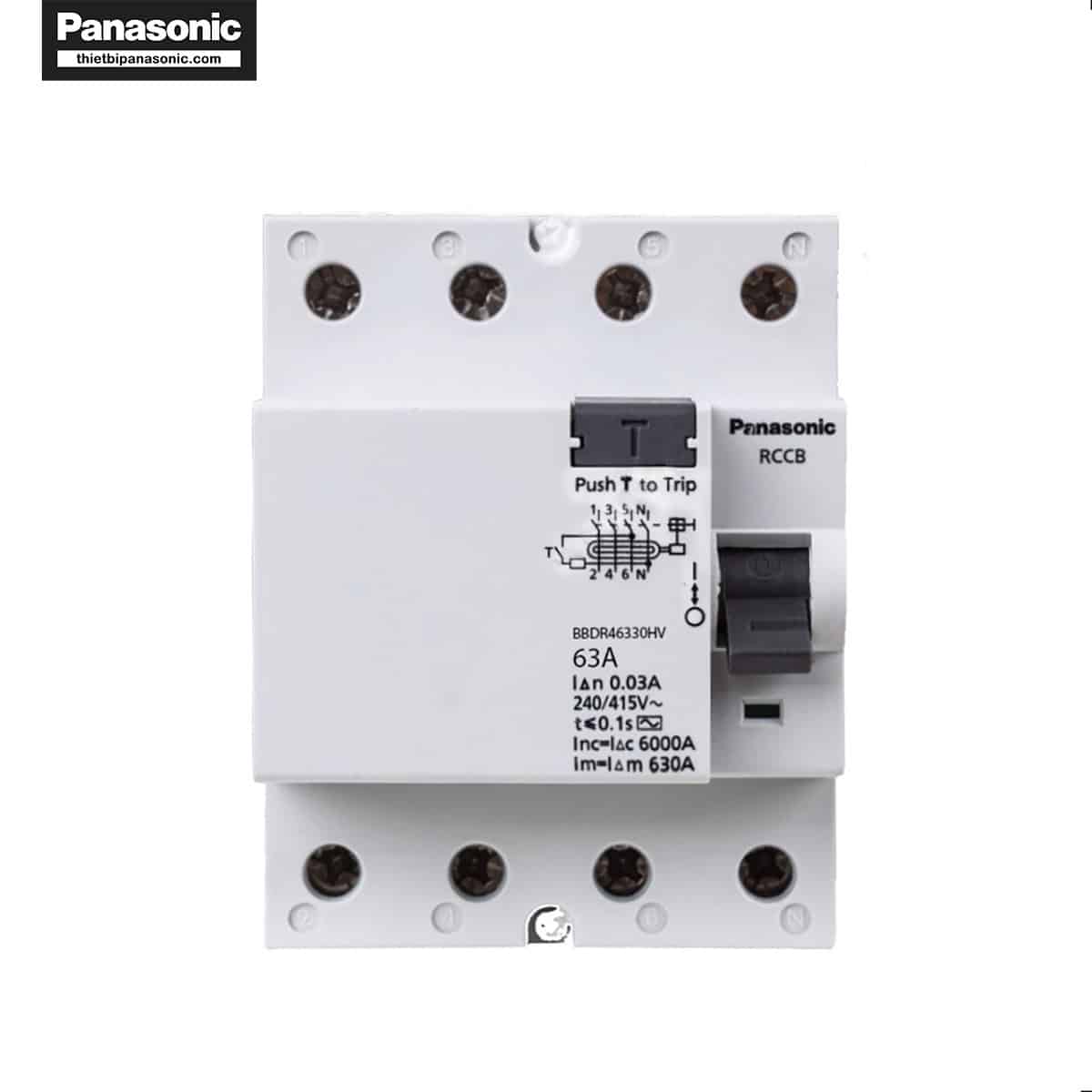 Mặt trước của RCCB Panasonic 63A 4P BBDR46330HV thể các thông tin chi tiết, dễ nhìn
