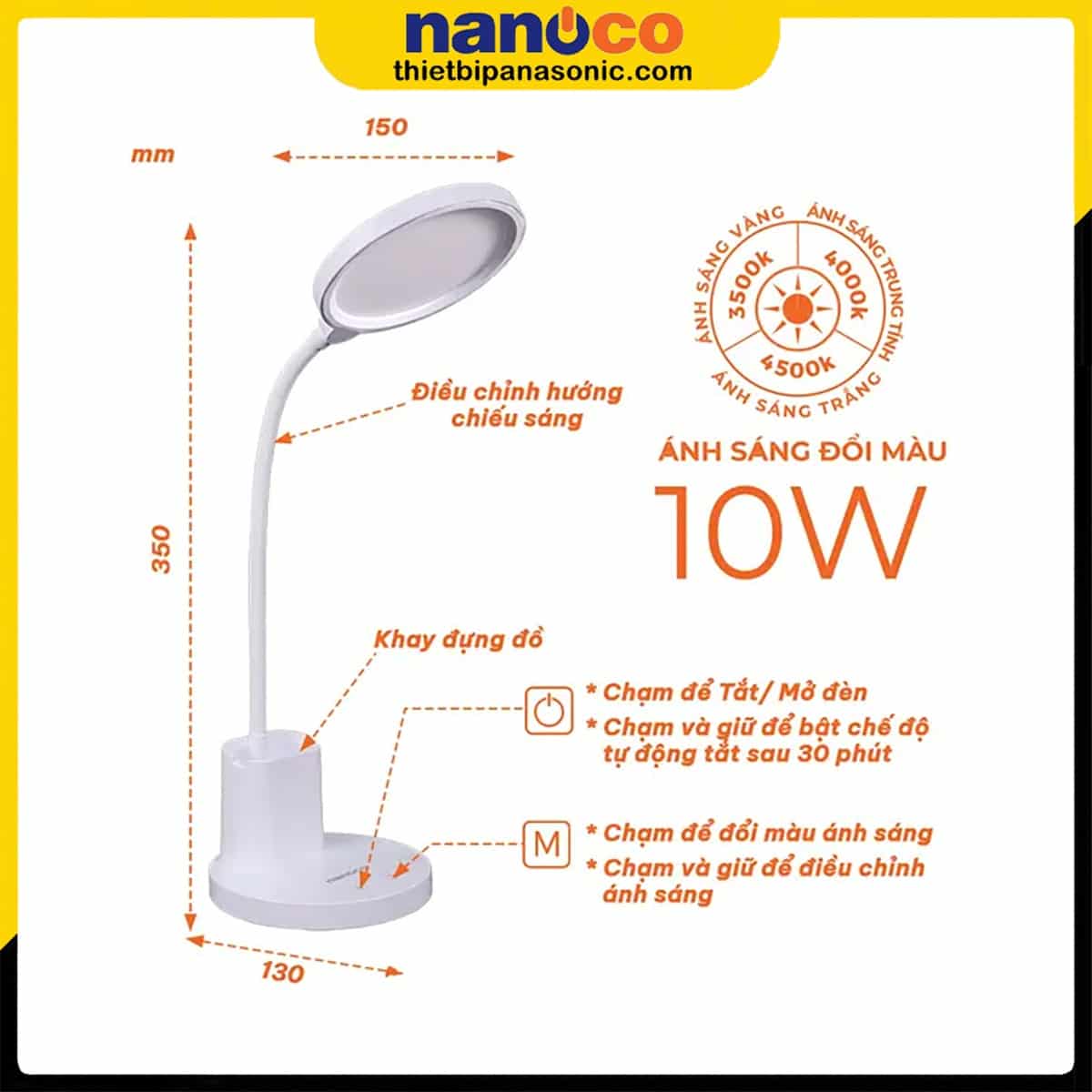 Kích thước và cấu tạo từng thành phần của Đèn bàn Nanoco NDK10WC