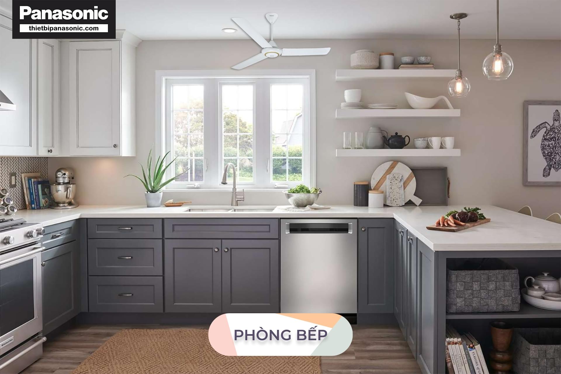 Quạt trần 3 cánh F-60MZ2-S (12 Inch - 30.4 cm) được lắp trong phòng ăn, nhà bếp