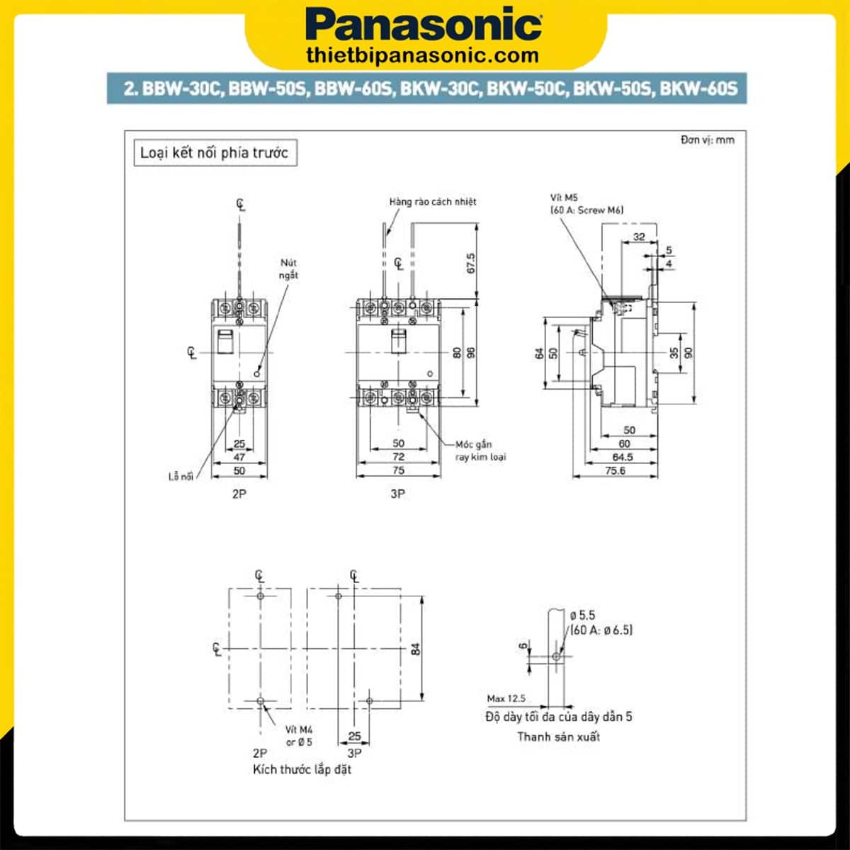 Sơ đồ bản vẽ kích thước của MCCB 60A 3P Panasonic BBW360SKY