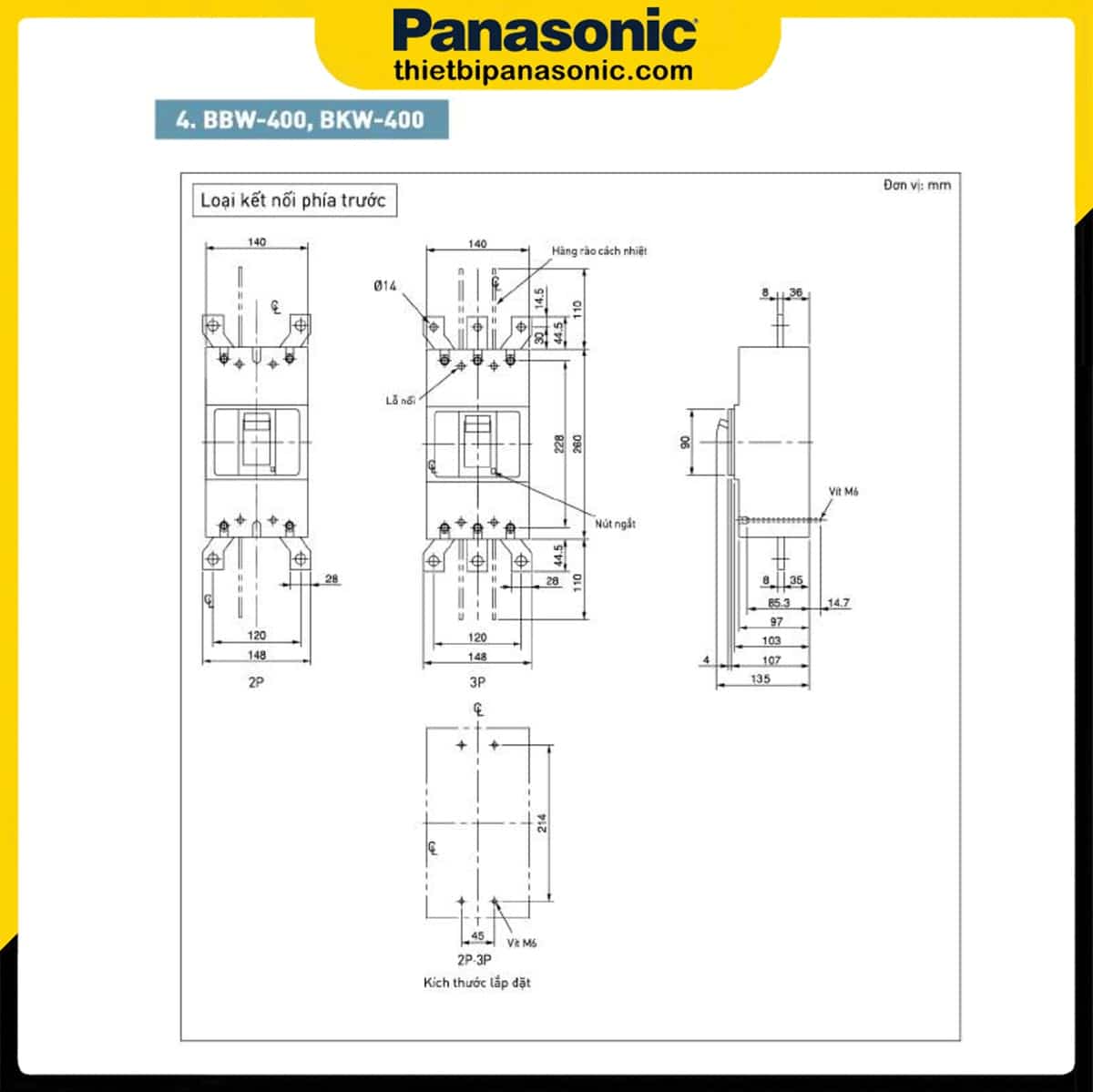 Sơ đồ bản vẽ kích thước của MCCB 225A 3P Panasonic BBW3225KY
