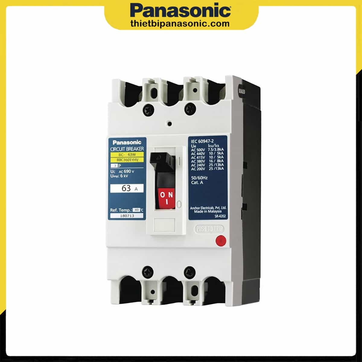 Mặt trước của MCCB 63A 3P Panasonic BBC3601YHV