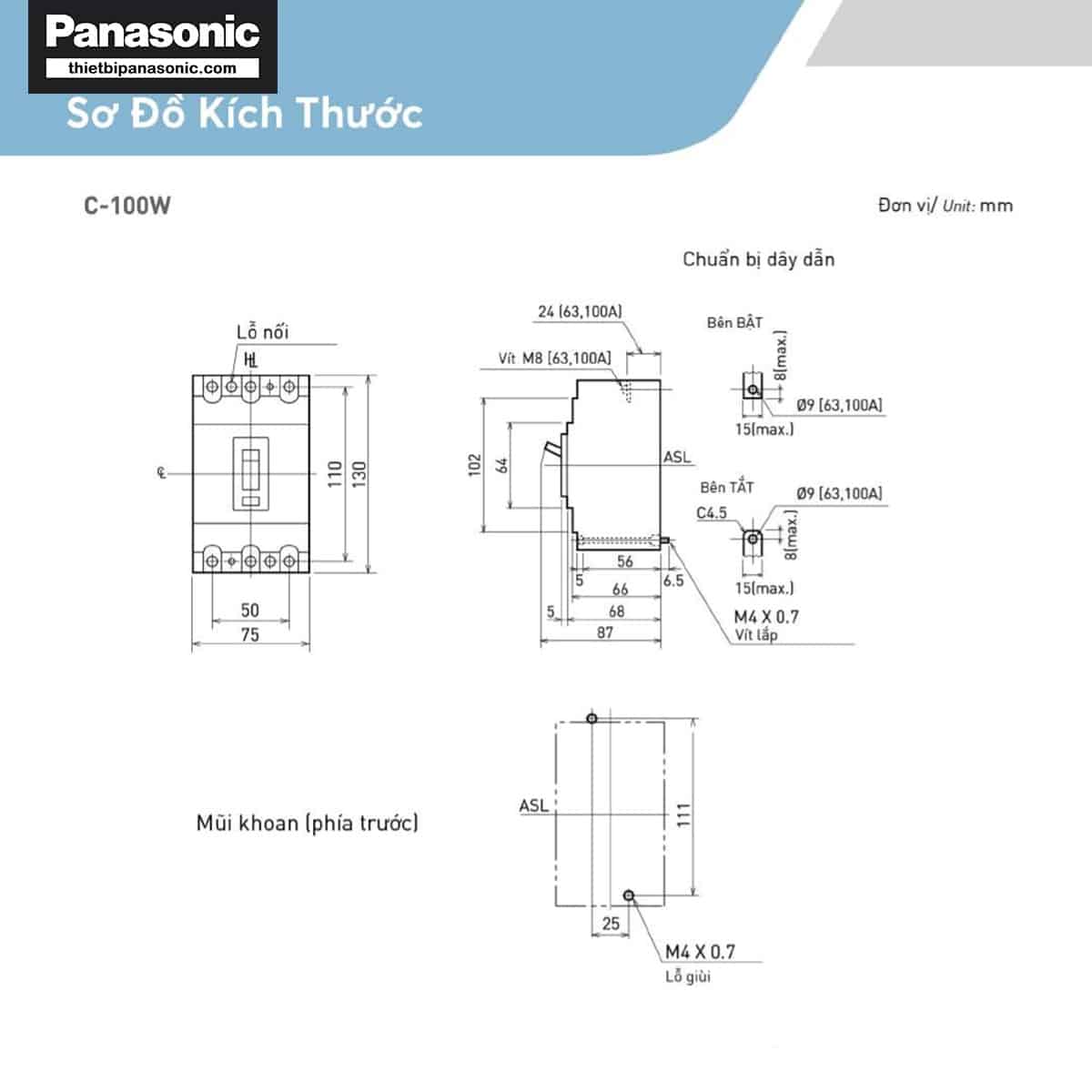 Bản vẽ kích thước của MCCB 63A 3P Panasonic BBC3601YHV
