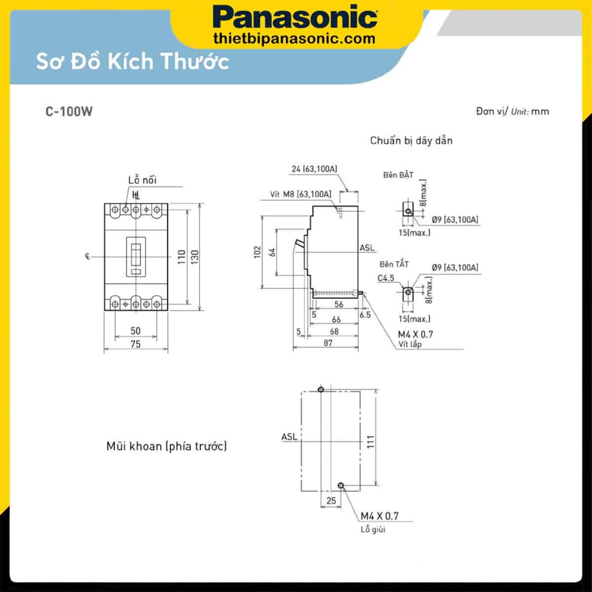 Bản vẽ kích thước của MCCB 100A 3P Panasonic BBC3100YHV