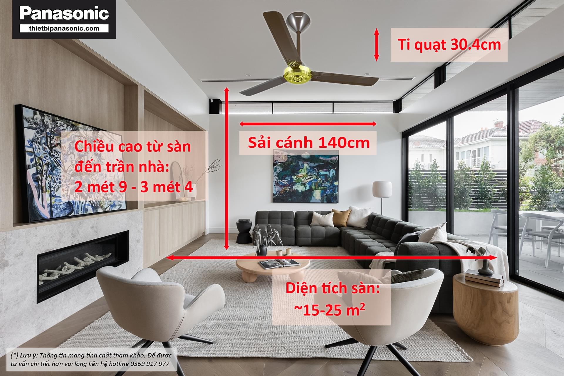 Hướng dẫn chọn Quạt trần Panasonic F-56NCL-S ti ngắn theo chiều cao trần và diện tích sàn nhà