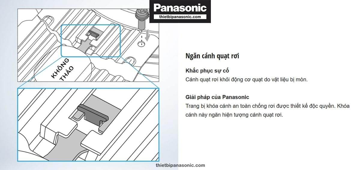 Quạt trần Panasonic F-60UFN được trang bị khóa cánh an toàn chống rơi được thiết kế độc quyền. Khóa cánh này ngăn hiện tượng cánh quạt rơi.