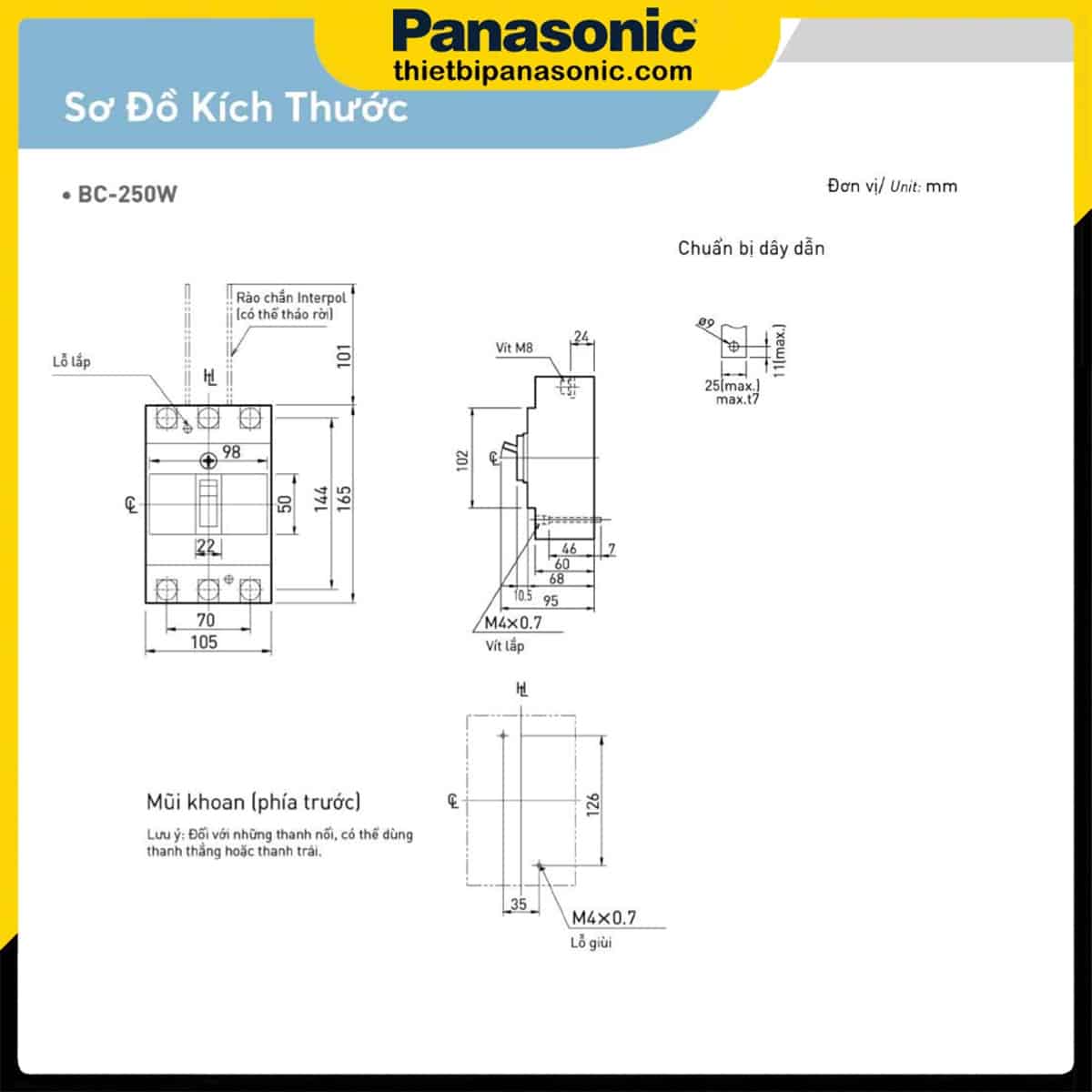 Bản vẽ kích thước của MCCB 150A 3P Panasonic BBC31502YHVS