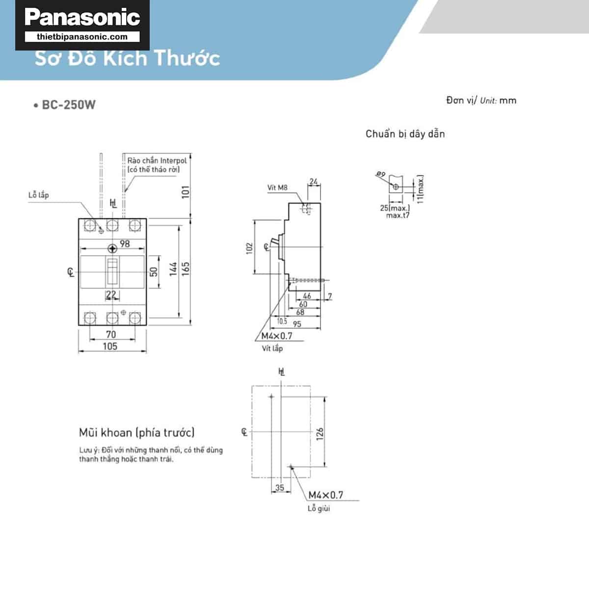 Bản vẽ kích thước của MCCB 250A 3P Panasonic BBC3250YHVS