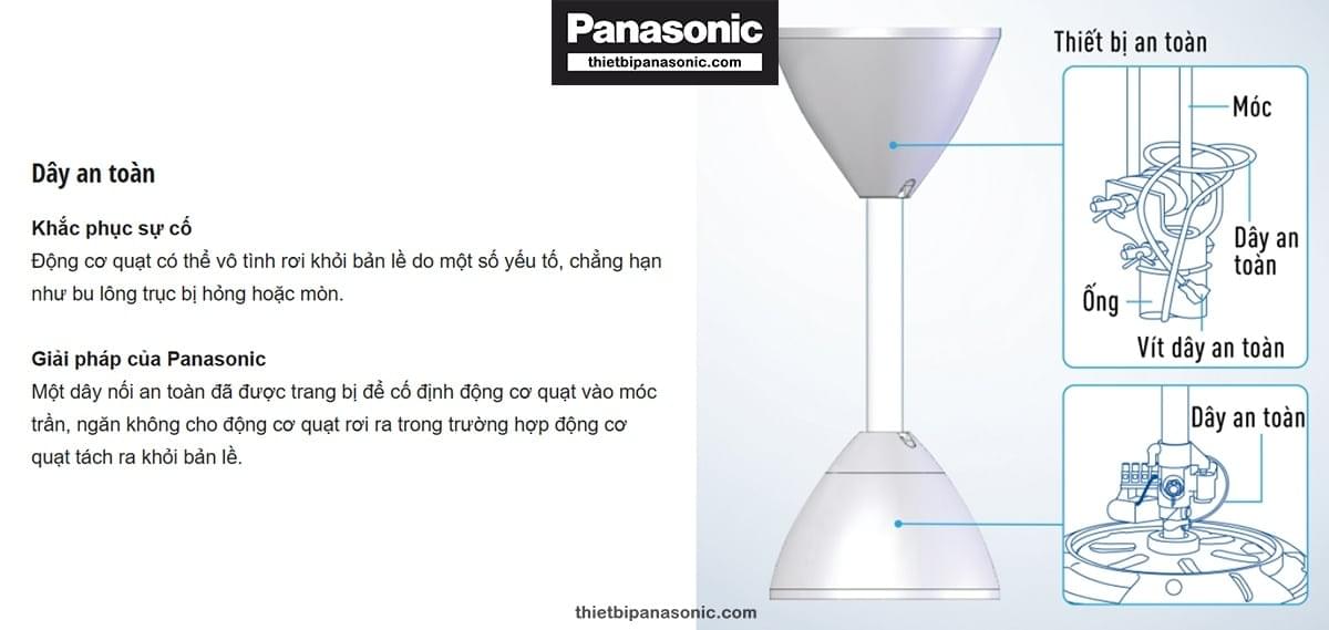 Một dây nối an toàn đã được trang bị để cố định động cơ quạt vào móc trần, ngăn không cho động cơ quạt rơi ra trong trường hợp động cơ quạt tách ra khỏi bản lề.