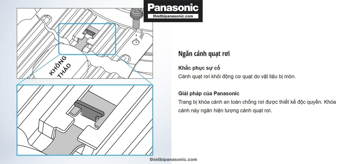 Quạt trần Panasonic F-56NCL-S được Trang bị khóa cánh an toàn chống rơi được thiết kế độc quyền. Khóa cánh này ngăn hiện tượng cánh quạt rơi.