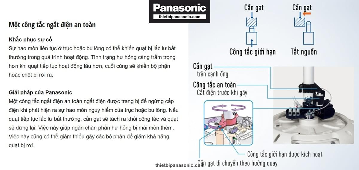Một công tắc ngắt điện an toàn ngắt điện được trang bị để ngừng cấp điện khi phát hiện ra sự hao mòn nguy hiểm của trục hoặc bu lông trên Quạt trần Panasonic F-56NCL-S
