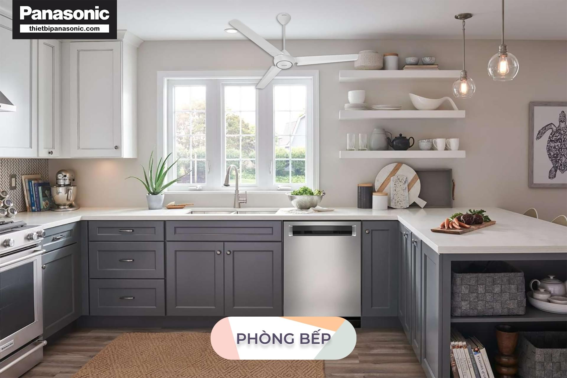 Quạt trần Panasonic F-60FV2-MS (9 Inch - 22.8cm) được lắp trong phòng bếp, phòng ăn
