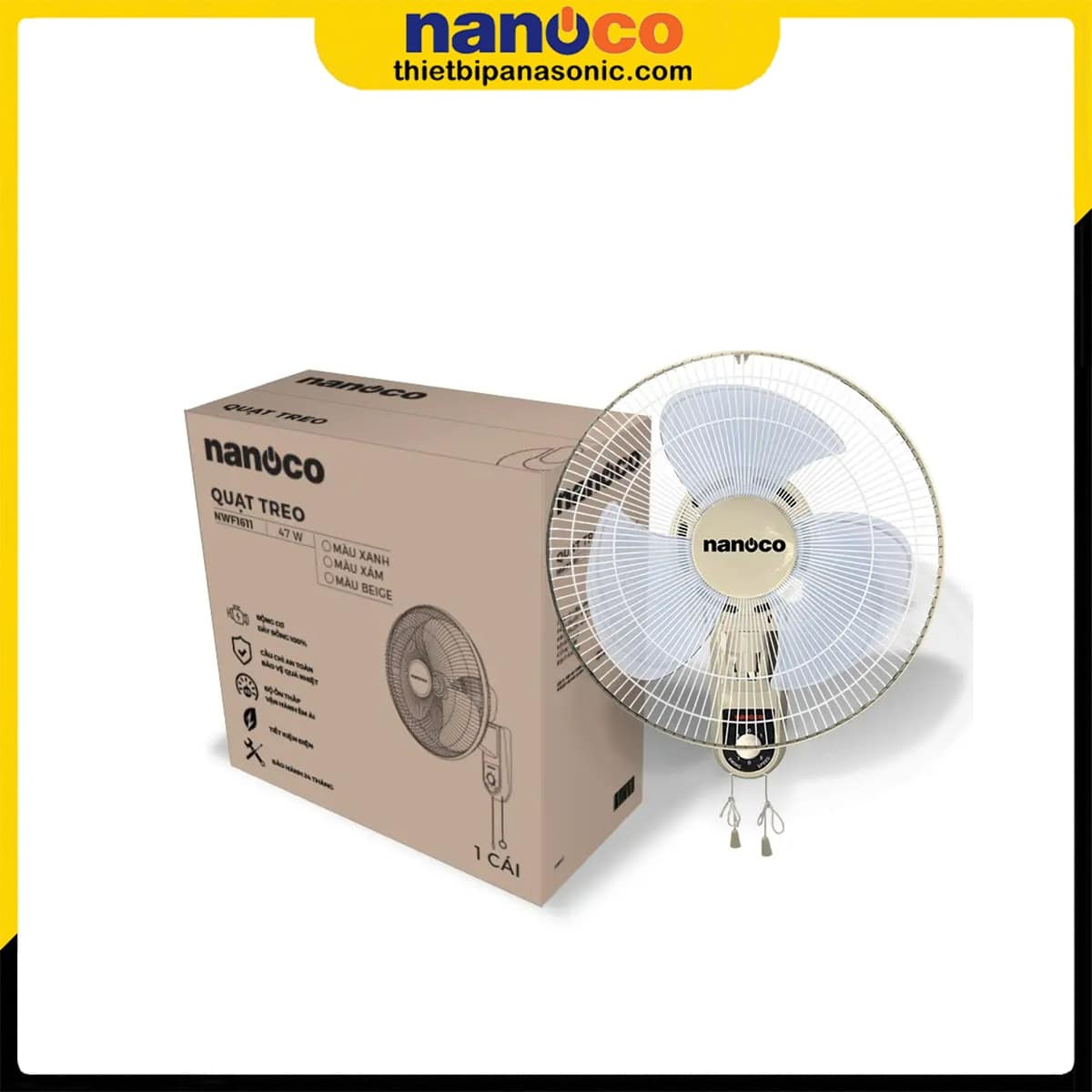 Quạt treo tường Nanoco NWF1611BE được đóng gói nhỏ gọn giúp dễ dàng vận chuyển