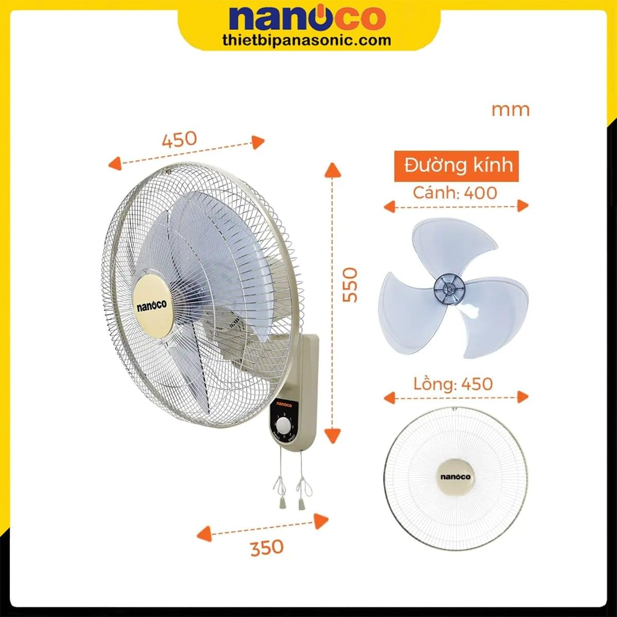 Bản vẽ kích thước từng bộ phận của Quạt treo tường NWF1611BE Nanoco