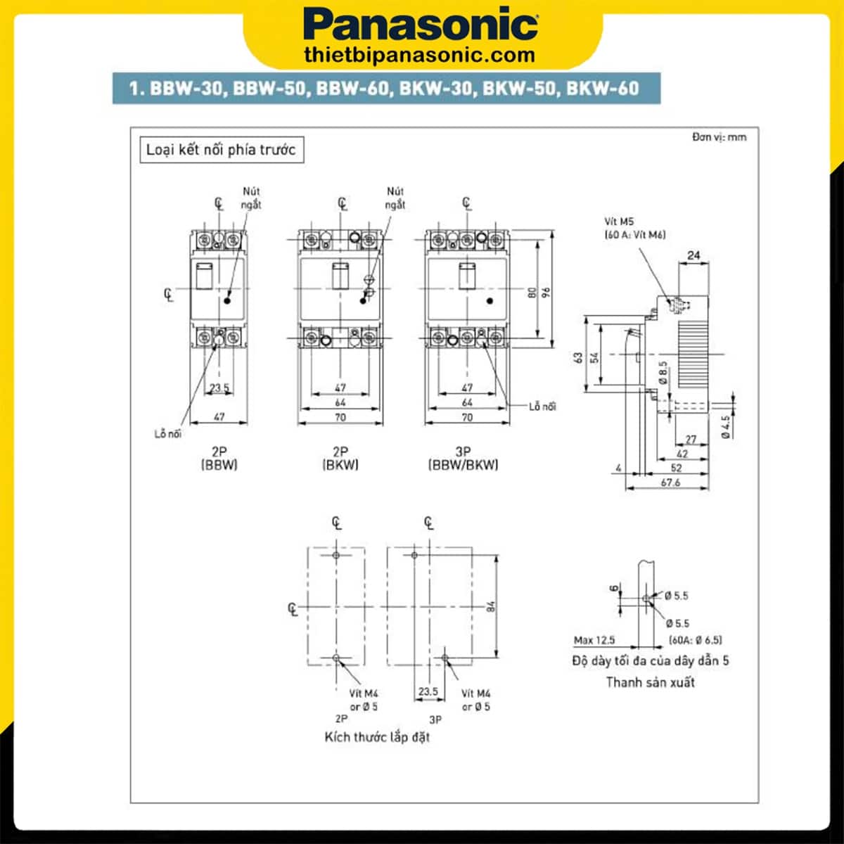 Sơ đồ bản vẽ kích thước của MCCB 15A 3P Panasonic BBW315Y