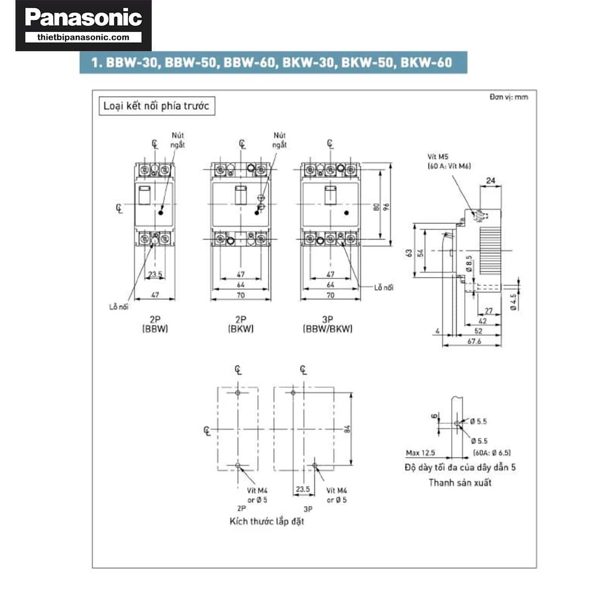 Sơ đồ bản vẽ kích thước của MCCB 15A 3P Panasonic BBW315Y