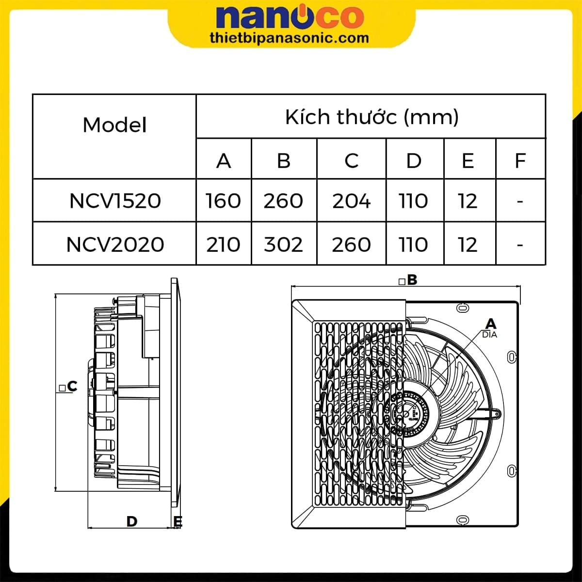 Bản vẽ kỹ thuật và kích thước của Quạt hút âm trần NCV1520 Nanoco