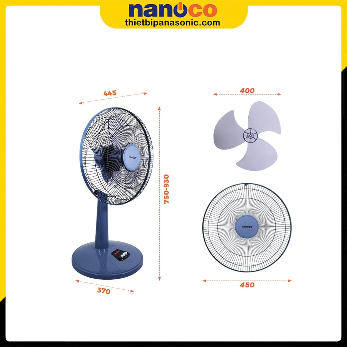 Kích thước và cấu tạo từng thành phần của Quạt đứng Nanoco NLF1623BL