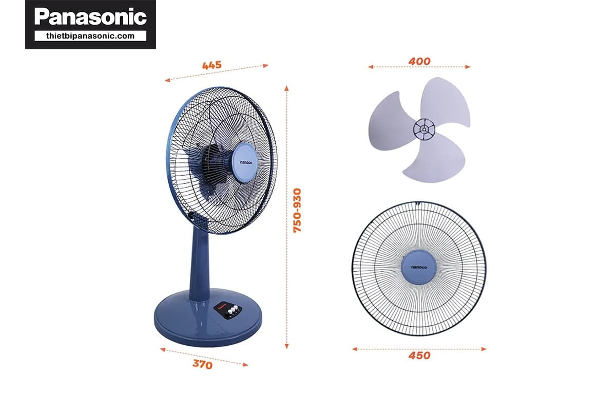 Kích thước và cấu tạo từng thành phần của Quạt đứng Nanoco NLF1623BL