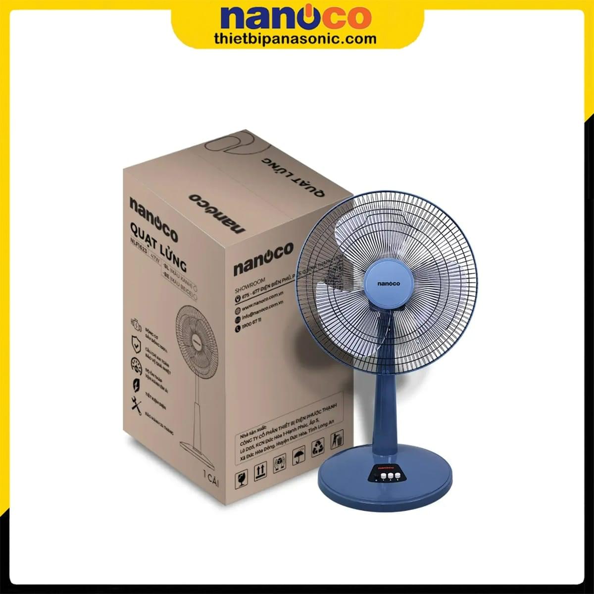 Quạt lửng Nanoco NLF1623BL được đóng gói gọn gàng trong thùng giấy