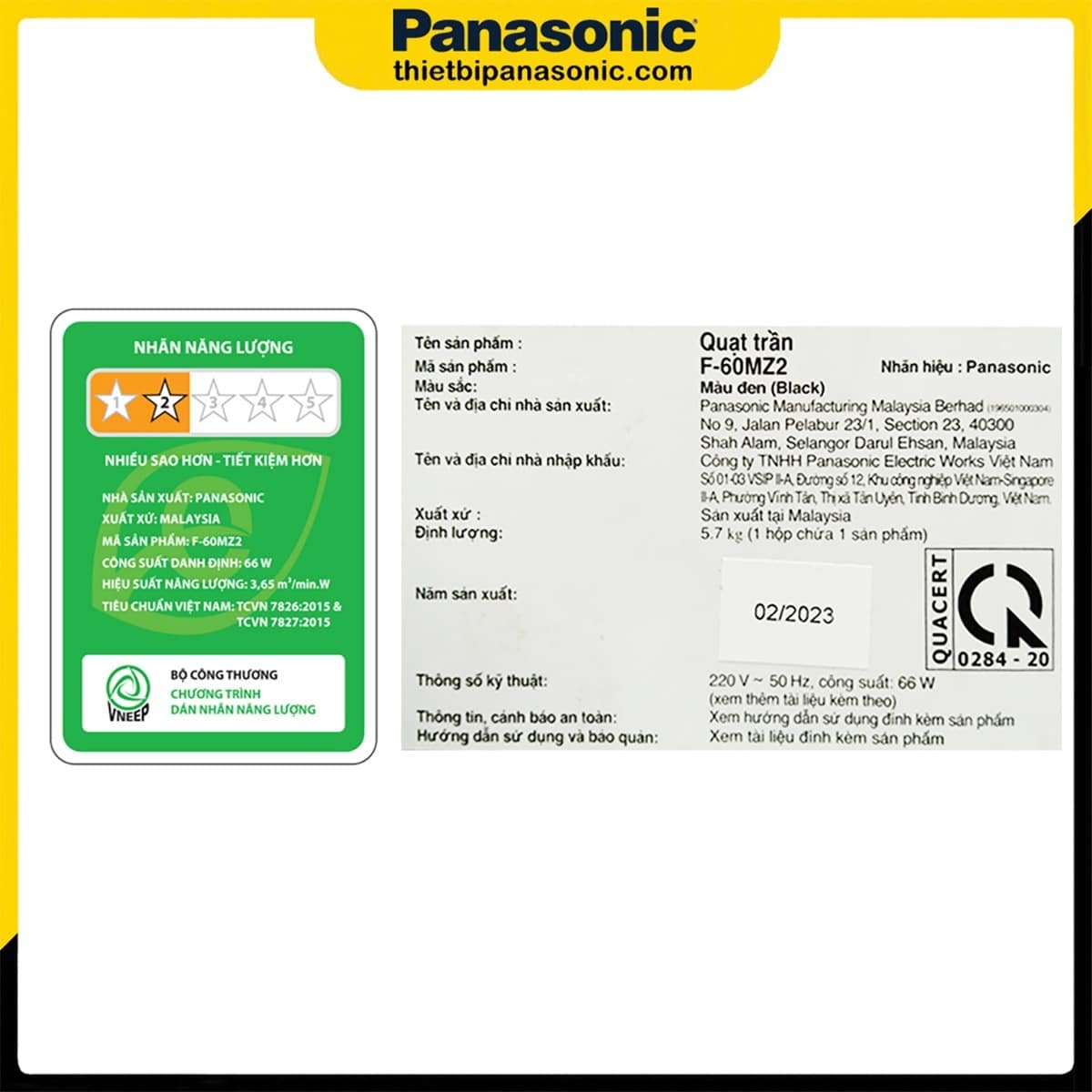 Nhãn năng lượng và thông tin cơ bản của sản phẩm được dán trên thân Quạt trần Panasonic F-60MZ2-K