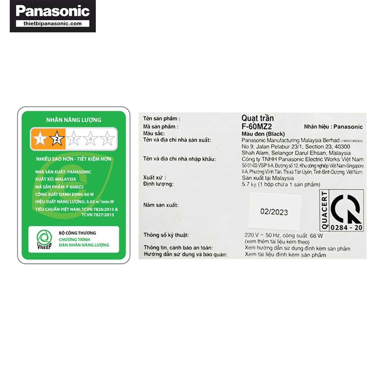 Nhãn năng lượng và thông tin cơ bản của sản phẩm được dán trên thân Quạt trần Panasonic F-60MZ2-K
