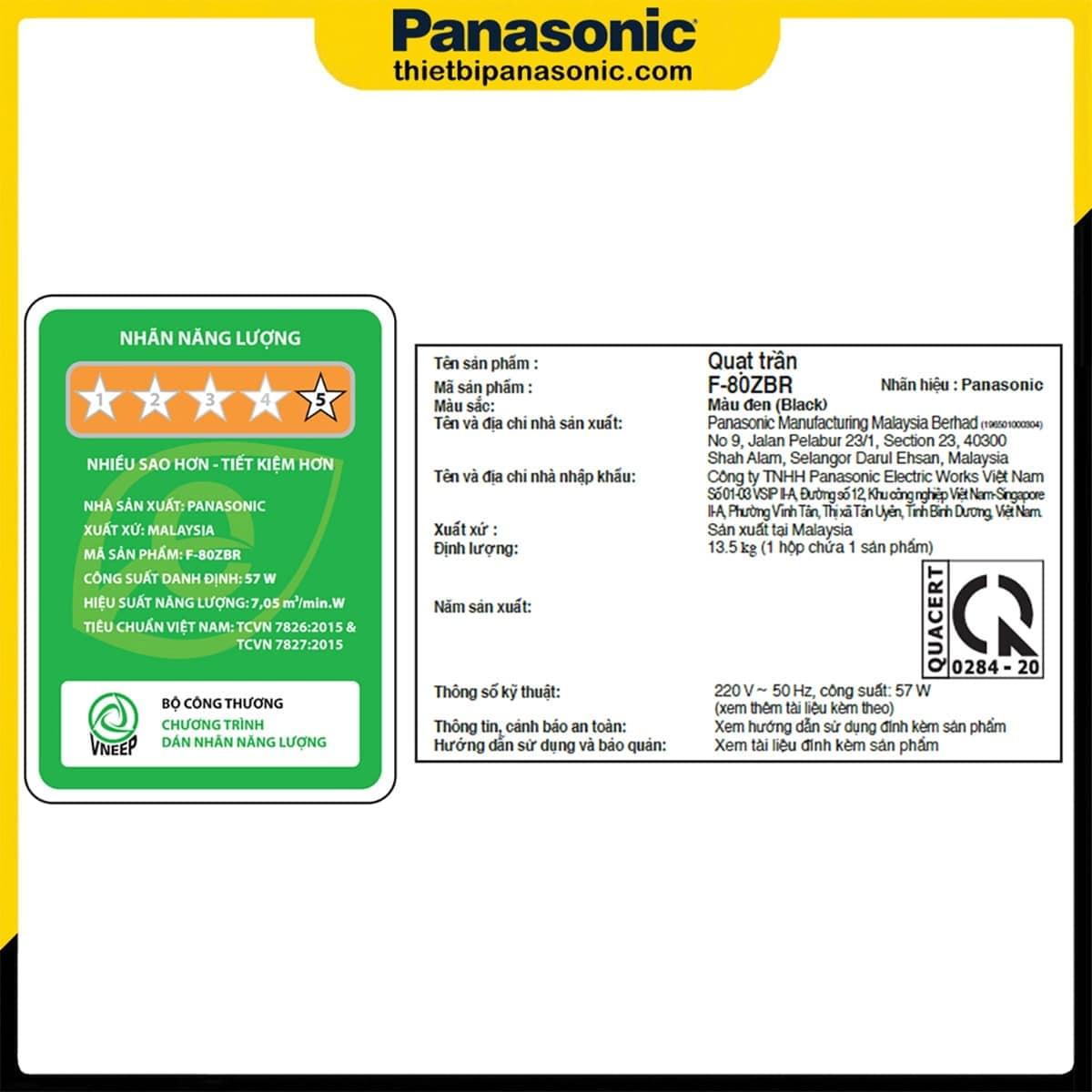 Nhãn năng lượng và thông tin cơ bản của sản phẩm được dán trên thân Quạt trần Panasonic F-80ZBR