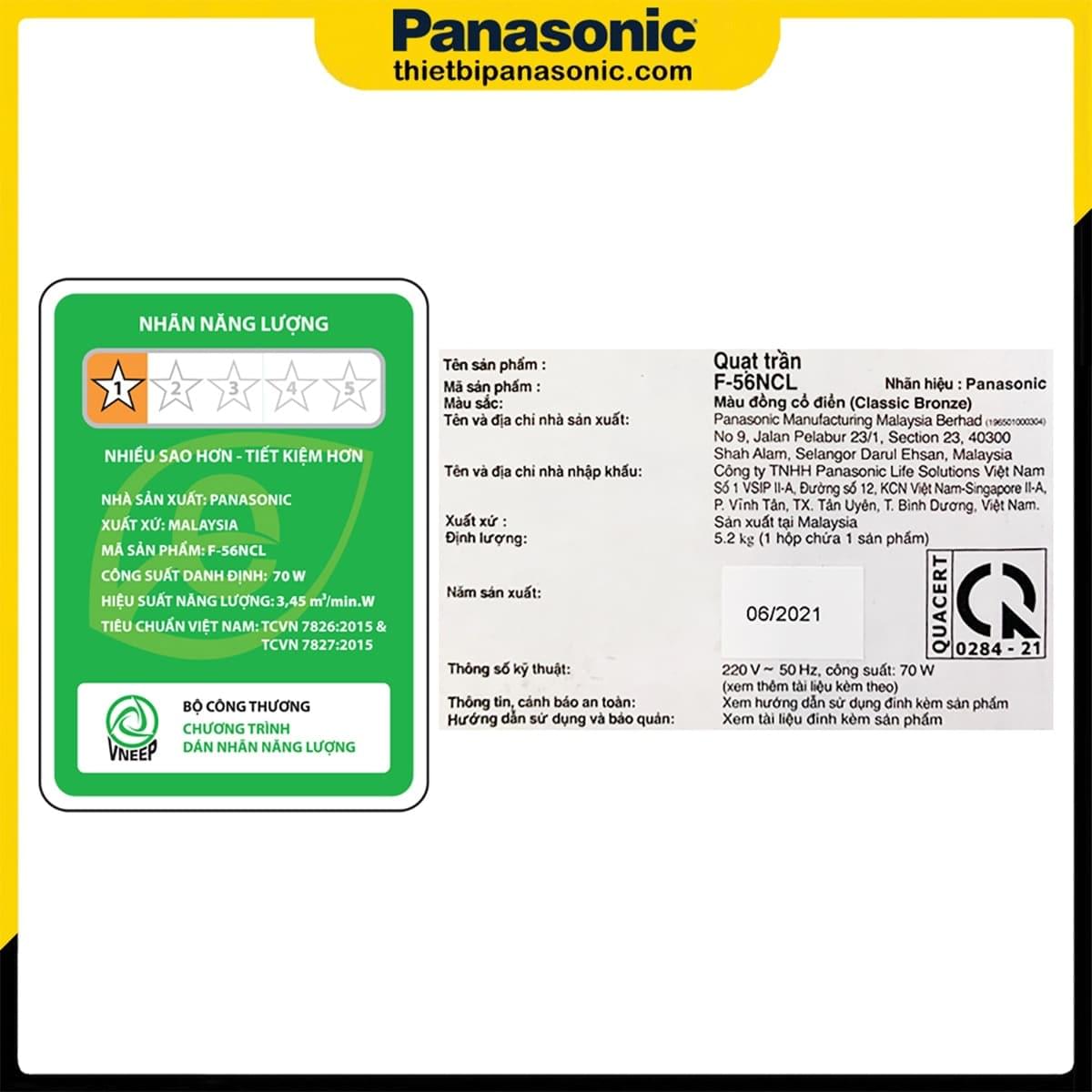 Nhãn năng lượng và thông tin cơ bản của sản phẩm được dán trên thân Quạt trần Panasonic F-56NCL-S