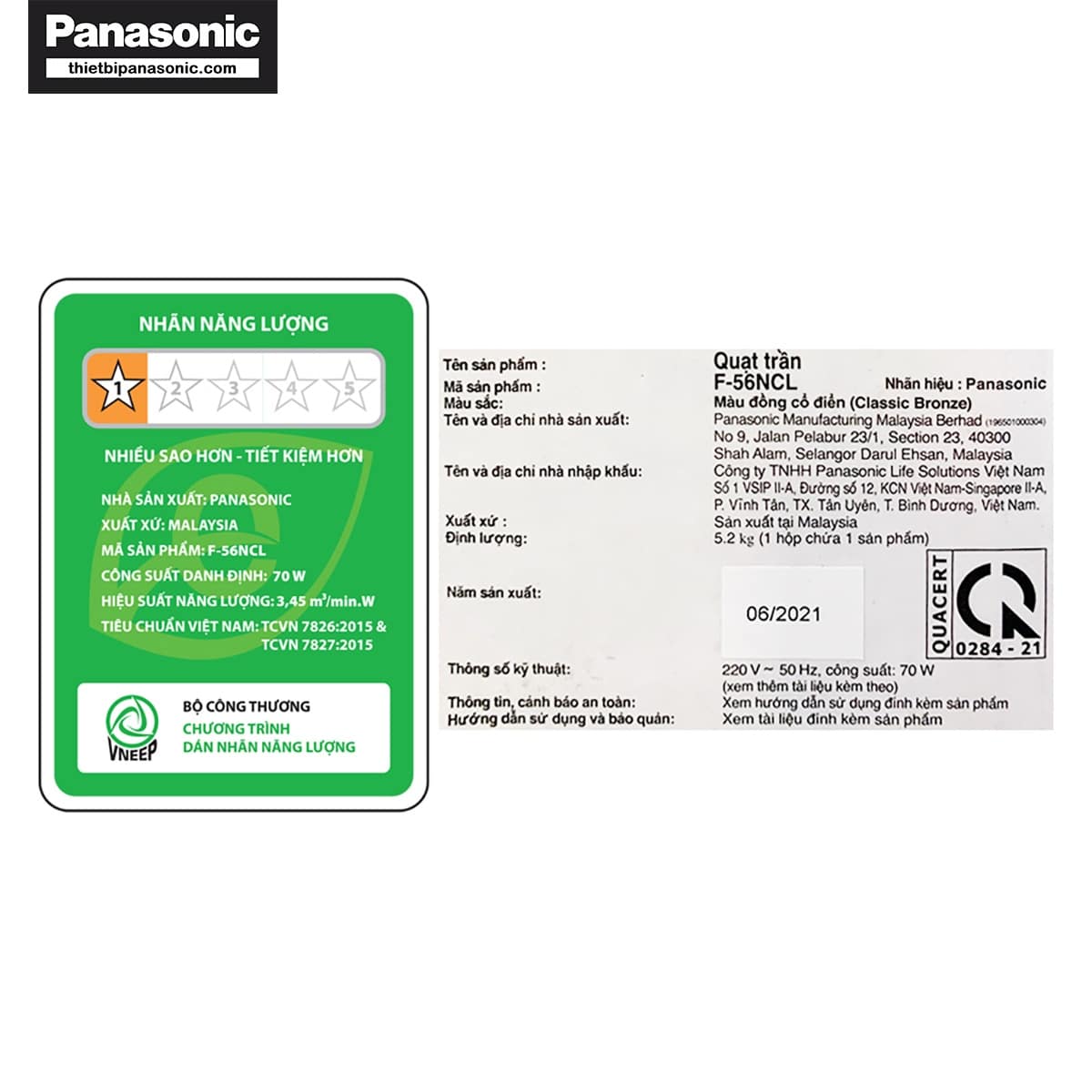 Nhãn năng lượng và thông tin cơ bản của sản phẩm được dán trên thân Quạt trần Panasonic F-56NCL-S