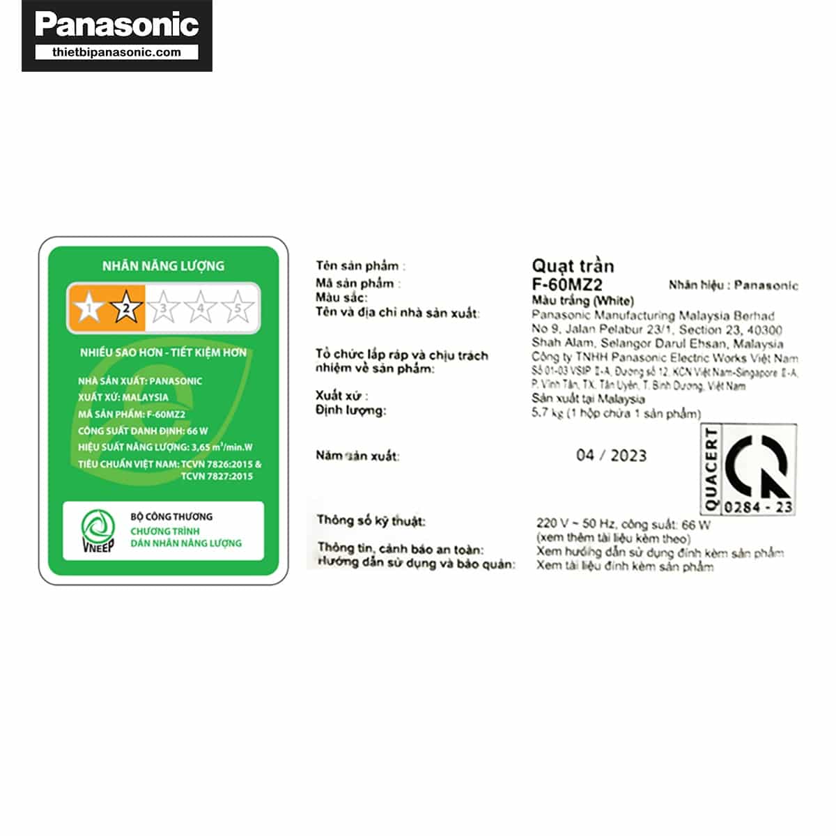 Nhãn năng lượng và thông tin cơ bản của sản phẩm được dán trên thân Quạt trần Panasonic F-60MZ2-S