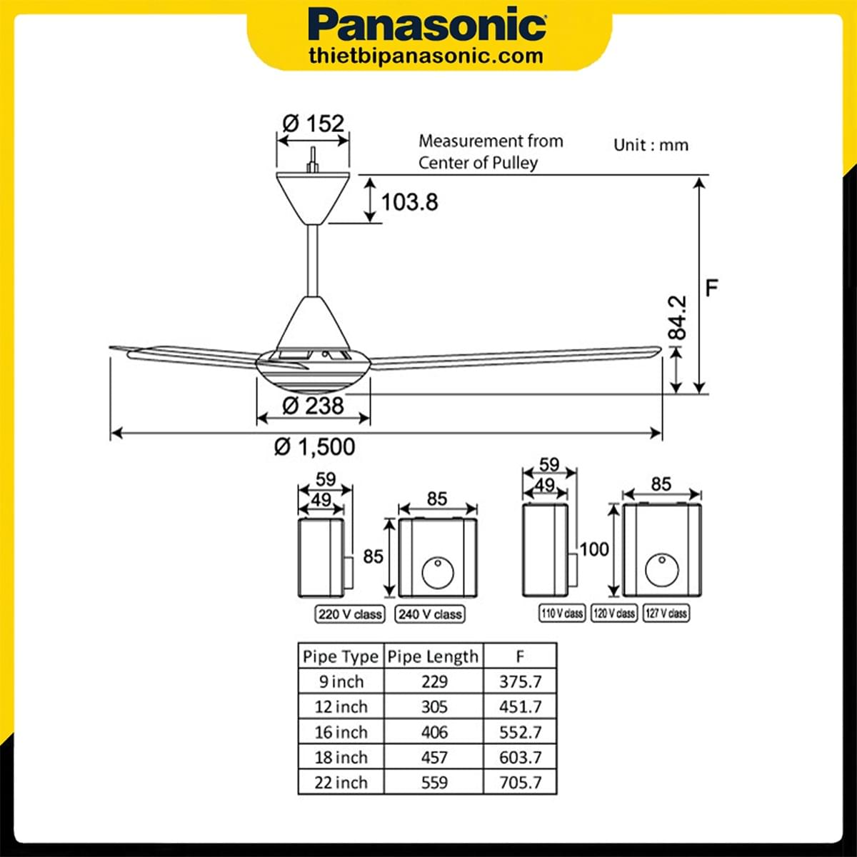 Kích thước minh họa cho Quạt trần Panasonic F-60FV2-MS (Kích thước hộp số thực tế có thể khác)