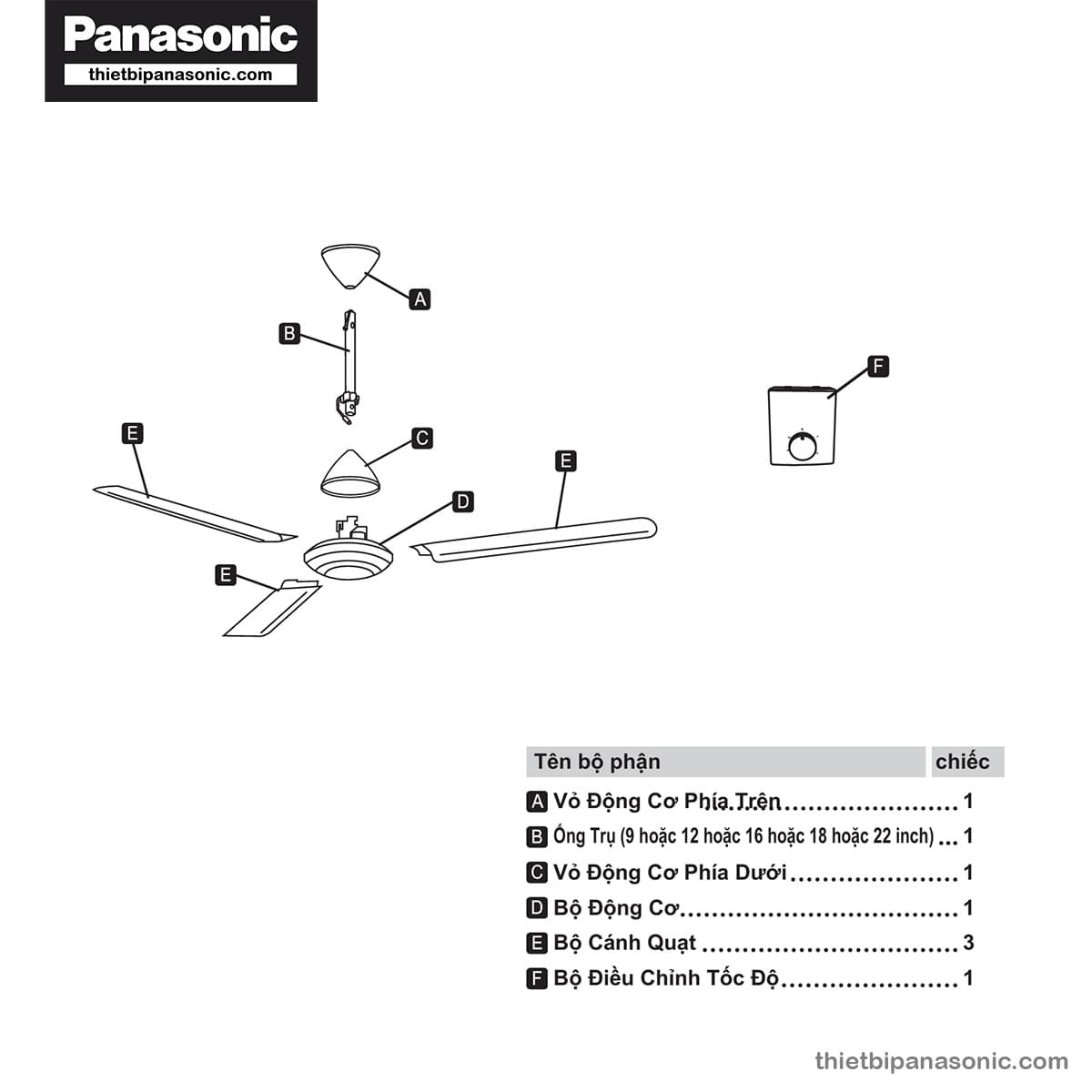 Cấu tạo các bộ phận của Quạt trần Panasonic F-60FV2-MS