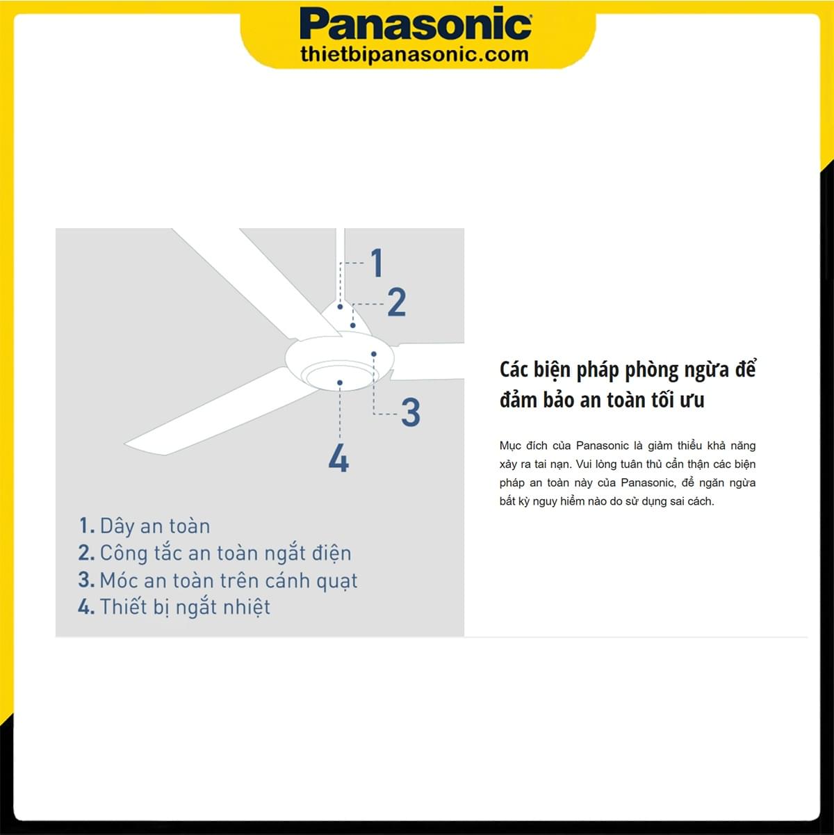 Quạt trần Panasonic F-60FV2-MS được trang bị 3 chế độ an toàn giúp an tâm sử dụng