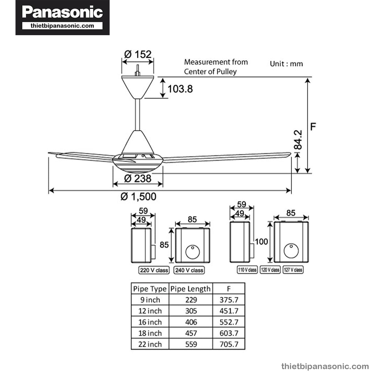 Hình ảnh minh hoặc kích thước của Quạt trần Panasonic F-60FV2 (các kích thước có sự chênh lệch nhất định, NSX có thể thay đổi mà không cần báo trước)
