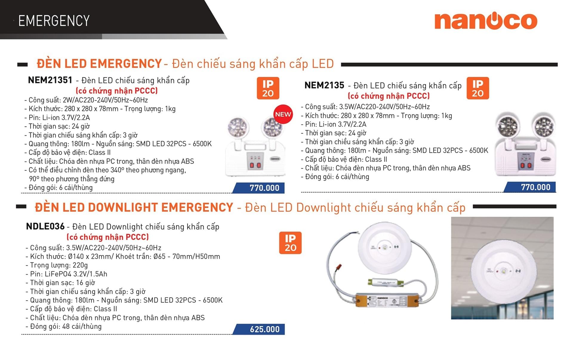 Catalogue bảng giá đèn chiếu sáng khẩn cấp Nanoco