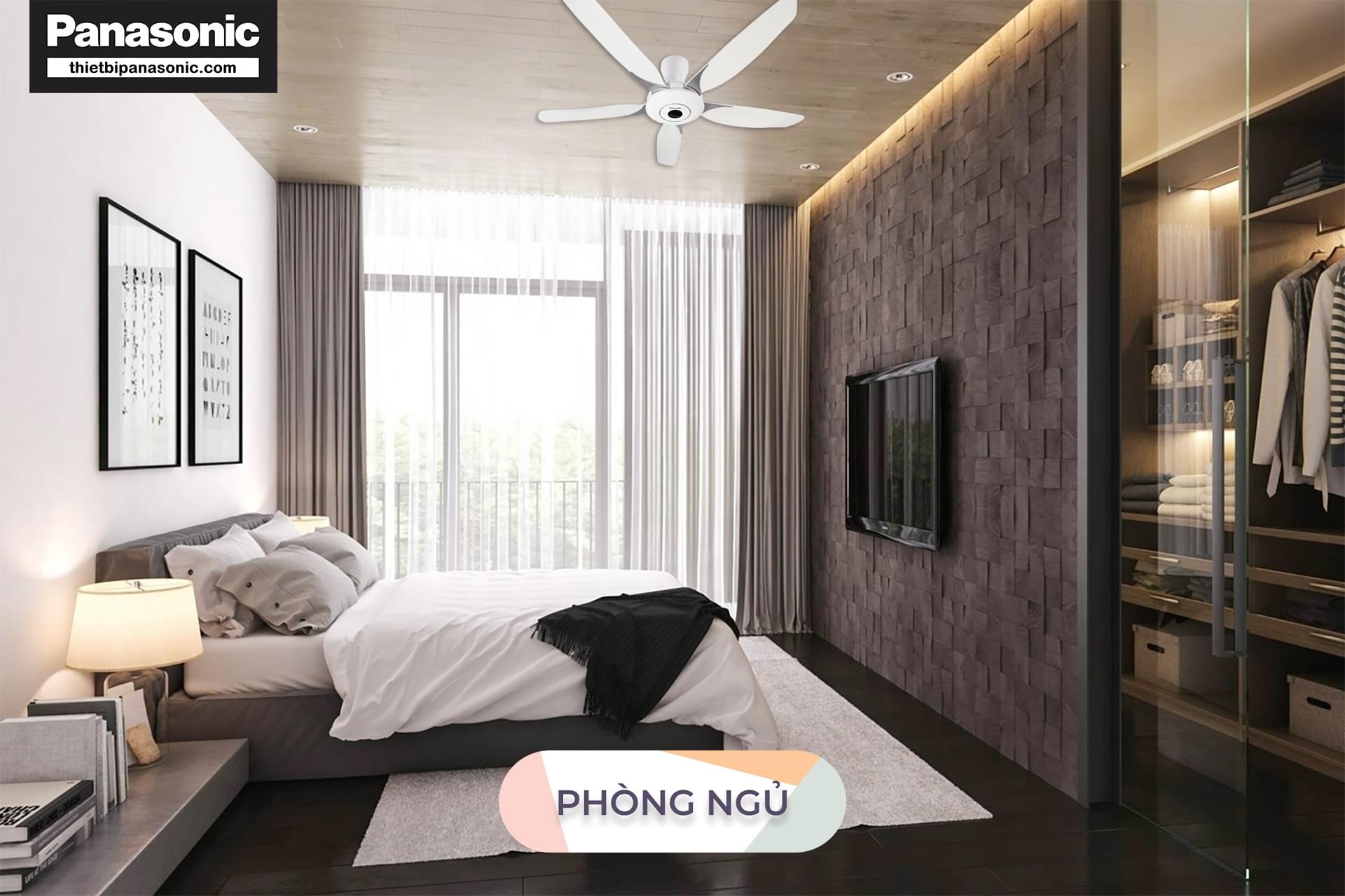 Quạt trần Panasonic 5 cánh F-60WWK được lắp tại phòng ngủ