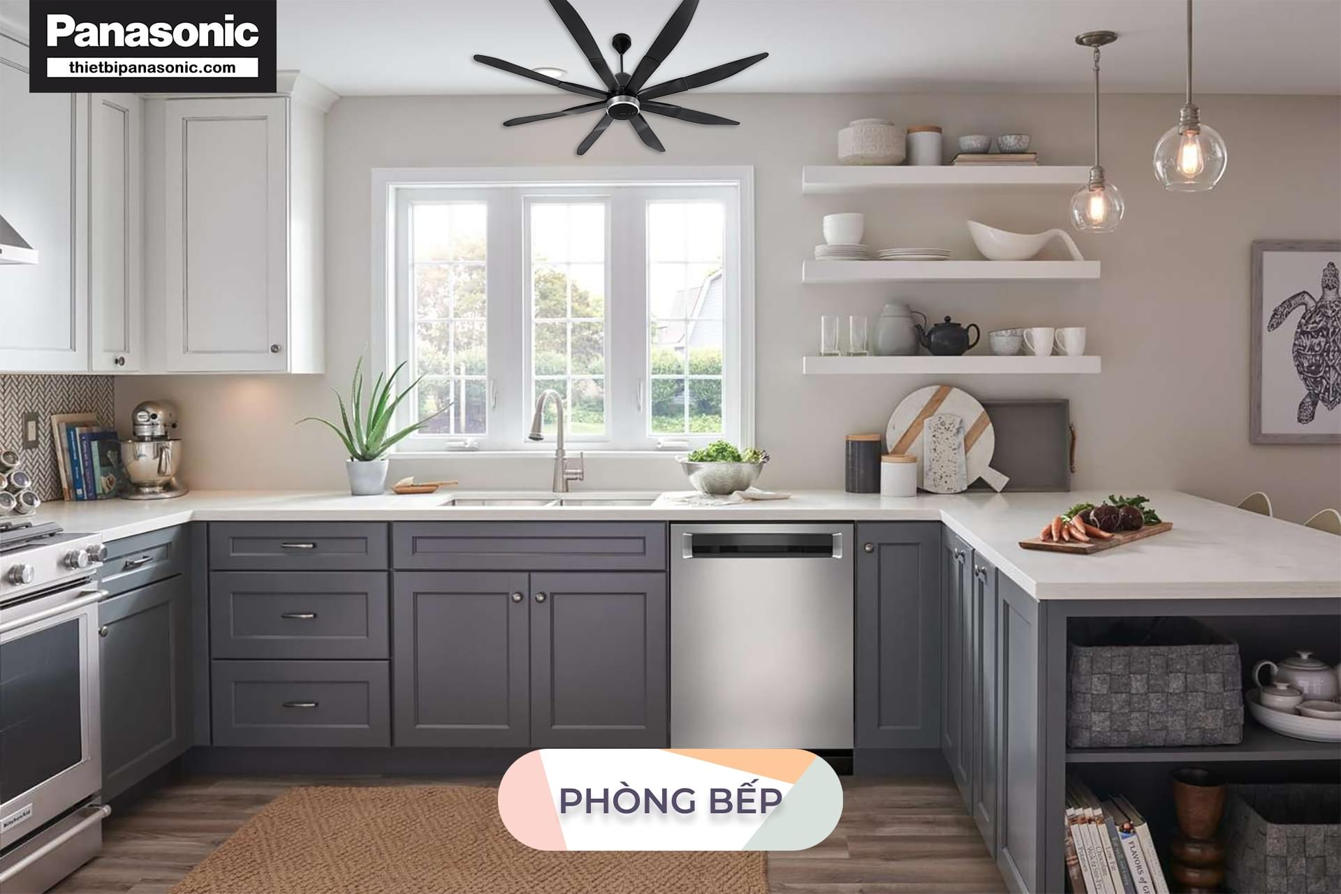 Quạt trần Panasonic F-80ZBR 8 cánh được lắp đặt trong các nhà ăn lớn của công ty hoặc phòng bếp lớn trong gia đình