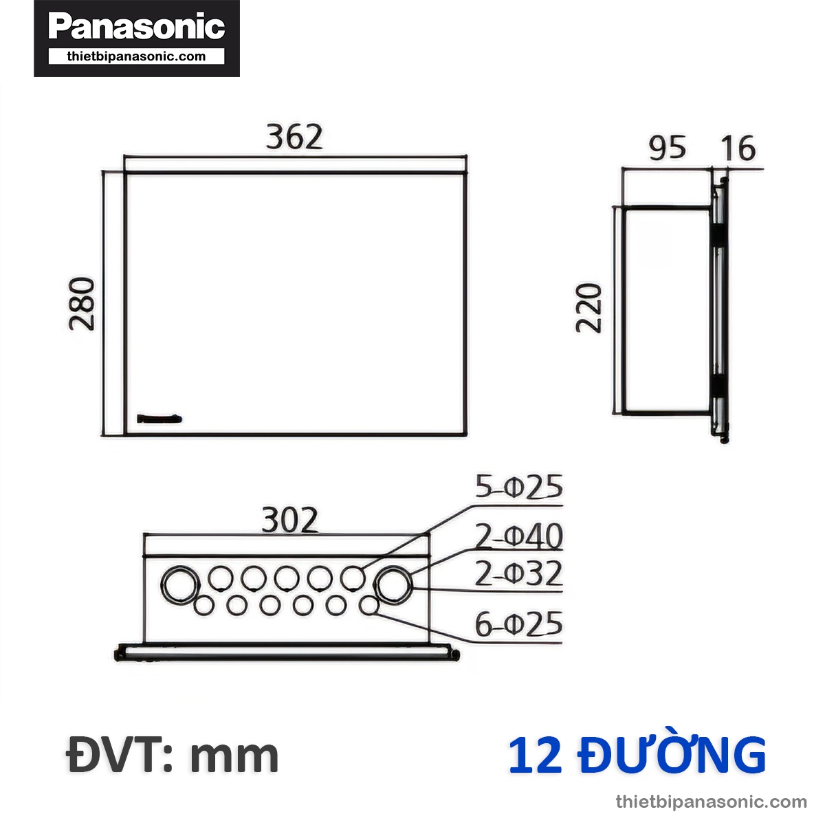 Bản vẽ kích thước chi tiết của Tủ điện Moderva Panasonic 12 Modules BQDF12W31AV