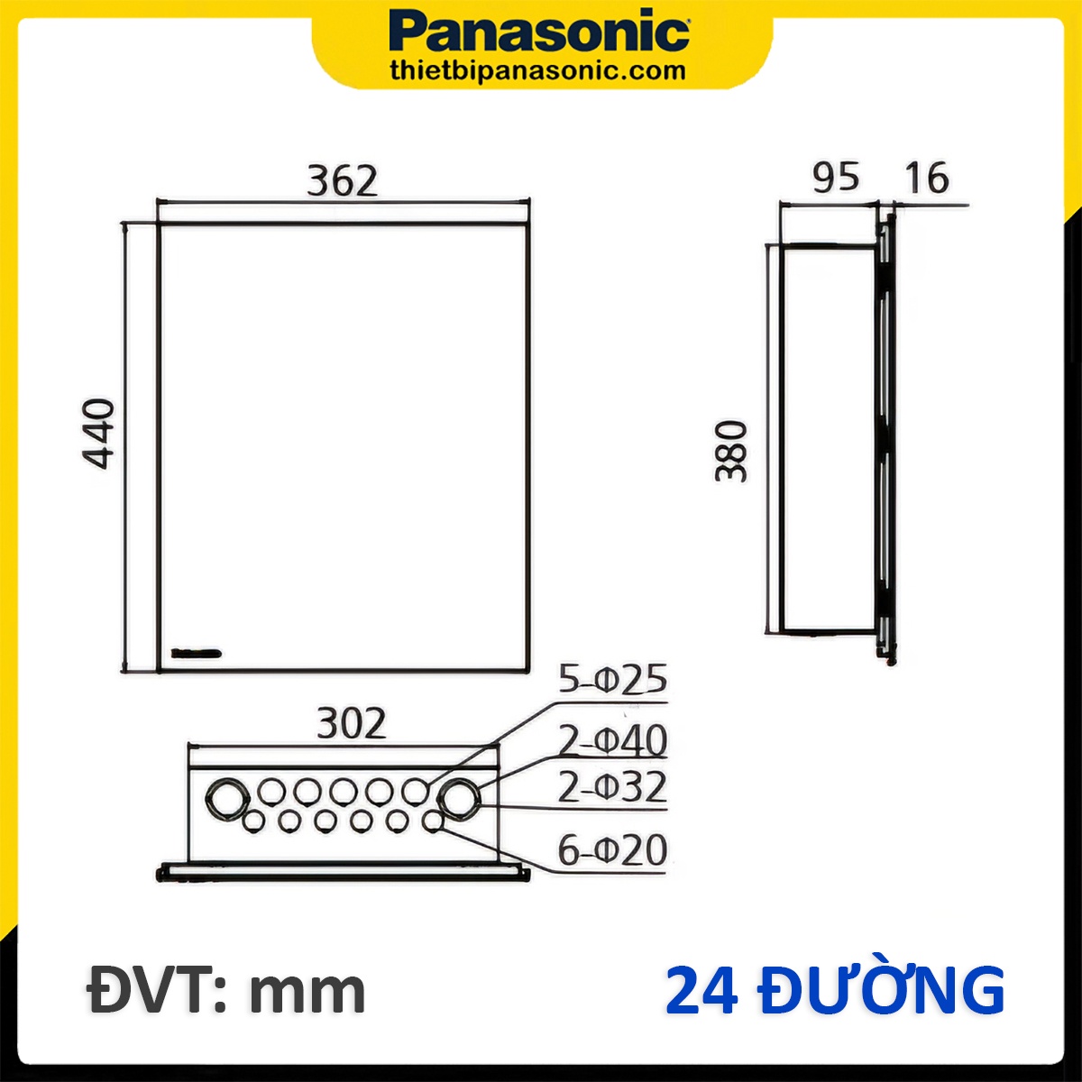 Bản vẽ kích thước chi tiết của Tủ điện Moderva Panasonic 24 Modules BQDF24MG11AV