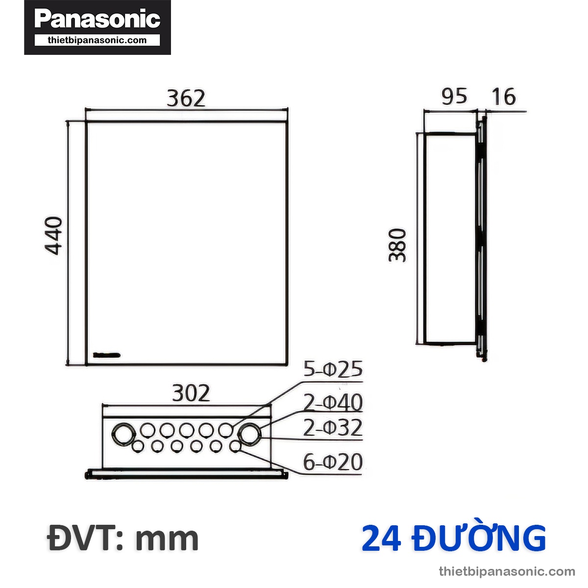 Bản vẽ kích thước chi tiết của Tủ điện Moderva Panasonic 24 Modules BQDF24MG11AV