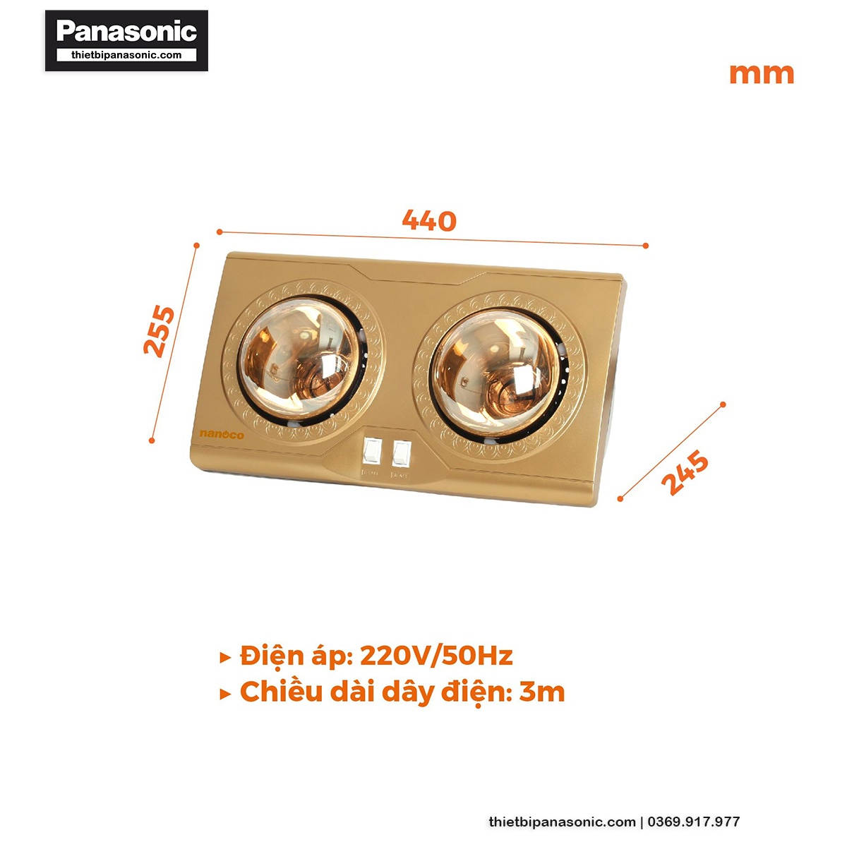 Kích thước của Đèn sưởi gắn tường Nanoco NBH649G 550W