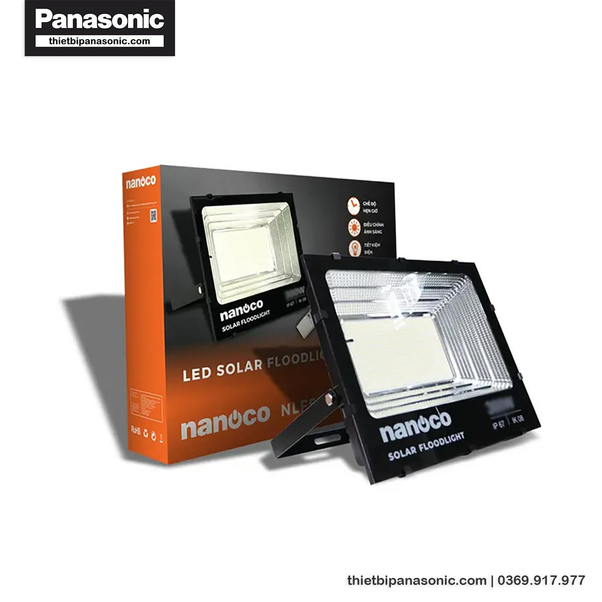 Đèn pha solar Nanoco 300W NLFS300650L được đóng gói nhỏ gọn trong hộp giấy
