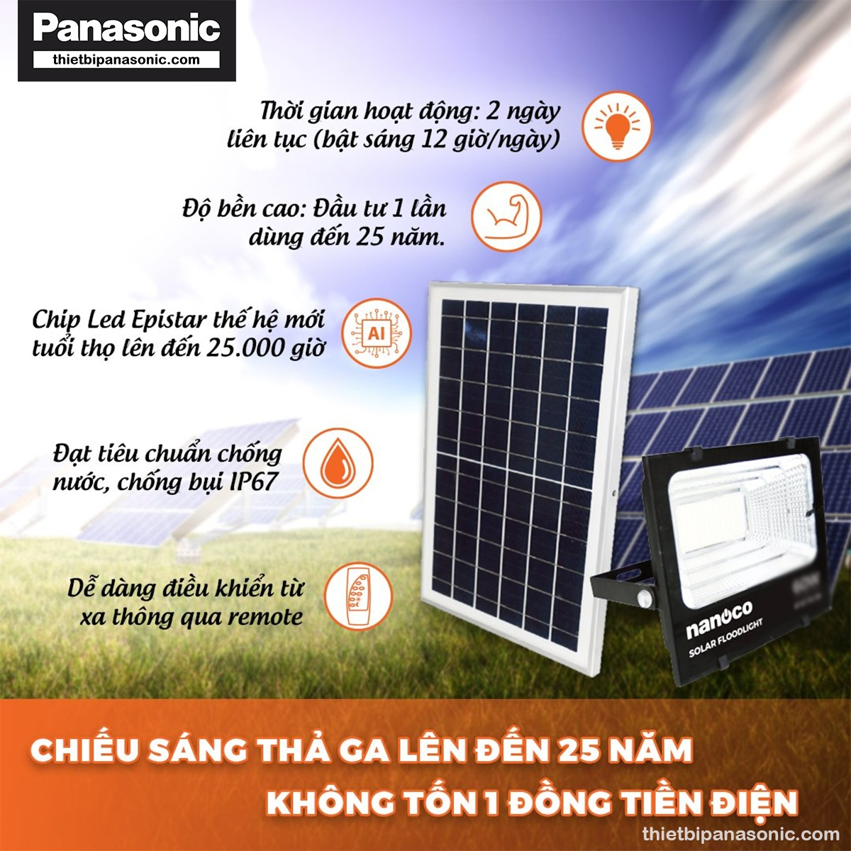 Bộ Đèn LED năng lượng mặt trời 300W NLFS300650L chiếu sáng thả ga đến 25 năm không tốn 1 đồng tiền điện