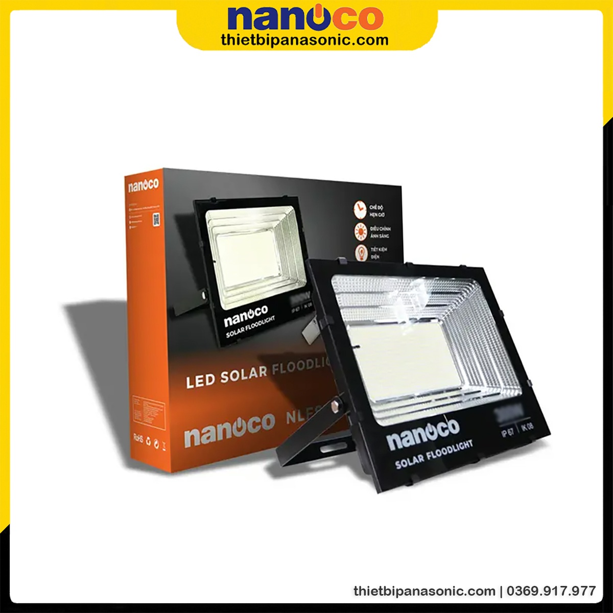 Đèn pha solar Nanoco 300W NLFS300650L được đóng gói nhỏ gọn trong hộp giấy