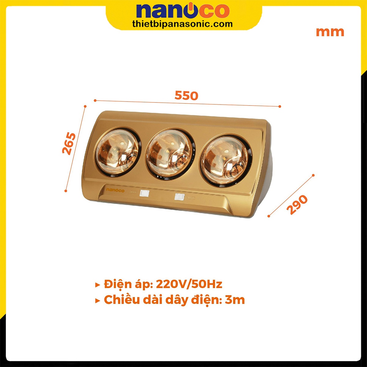 Kích thước của Đèn sưởi gắn tường Nanoco NBH650G 825W