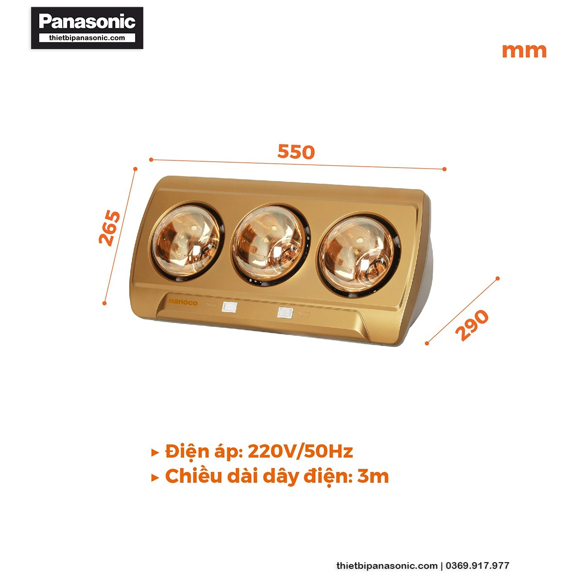 Kích thước của Đèn sưởi gắn tường Nanoco NBH650G 825W