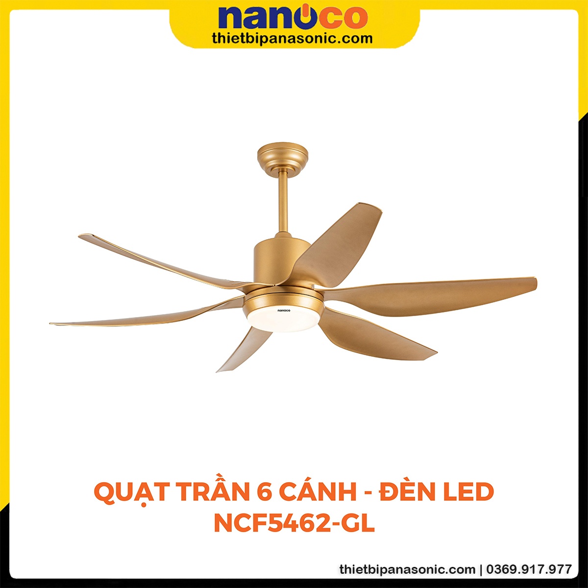 Quạt trần Nanoco NCF5462-GL 6 cánh có đèn LED màu vàng đồng